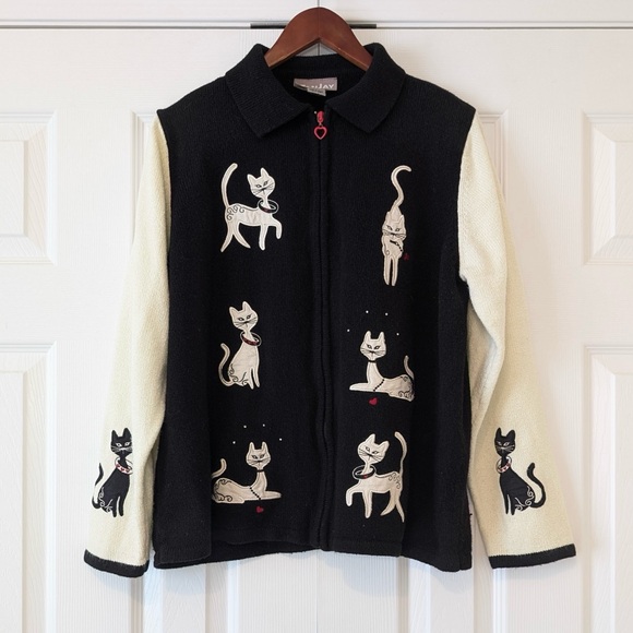 TanJay Sweaters - 90s Vintage Tanjay Cat Grandma Sweater Size XL Heart Shaped Zipper Black & White
